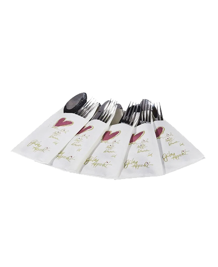 Airlaid-Bestecktaschen Herzlich Willkommen weiß 40 x 40 cm, 1/8Falz 50 Stk.